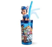 p:os PAW Patrol Tazza con coperchio e cannuccia per bambini, 360 ml, con figura Chase 3D, senza BPA, adatta per anidride carbonica, idea regalo per ragazzo