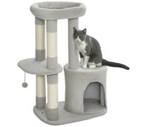 PawHut Albero per Gatti 90 cm, Torre Giochi per Gatti con Piattaforma e Cucce Piatto per gatti, nicchia, palla sospesa, tessuto in peluche, multi-livello, ideale per 1-2 gatti, grigio chiaro