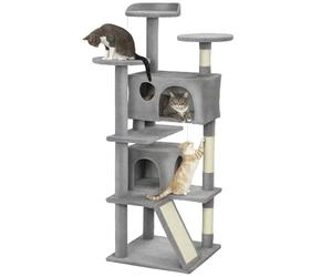 PawHut Albero per Gatti Altezza 138 cm, Torre di Giochi per Gatti con tiragraffi, Piattaforme, 2 nicchie, Pompon, Tessuto Felpato, Multilivello, Ideale per 1-3 Gatti Grigio Chiaro