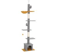 PawHut Albero per gatti, altezza 275 cm, 6 livelli per gatti da interno, da pavimento a soffitto, con piattaforme, nicchia, grigio chiaro Aosom Italy