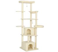 PawHut Albero per Gatti Alto 200cm con 2 Casette, 2 Lettini e Amaca Beige