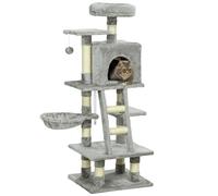PawHut Albero per gatti con altezza cm, Torre per giochi per gatti, Tiragraffi, 2 nicchie, piatto. piatto, 1 scala, 1 amaca e palla appesa, peluche corto, grigio