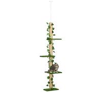 Pawhut Albero per Gatti da Pavimento a Soffitto con Tiragraffi, Montaggio a Soffitto, Altezza Regolabile 37 X 21 X 202-242 cm, 4 Livelli - Erba Artificiale e Foglie Verdi