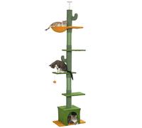 Pawhut Albero per gatti dal pavimento al soffitto 230-275 cm, torre per gatti con altezza regolabile, piattaforme, grotta, amaca, pali in sisal e palla giocattolo, verde