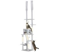 PawHut Albero Tiragraffi a Soffitto Altezza Regolabile 225-255cm Grigio Chiaro