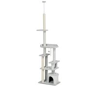 PawHut Albero Tiragraffi per Gatti a Soffitto con Piattaforme e Casetta, 60x40x225-255cm, Grigio Aosom