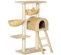 PawHut Albero Tiragraffi per Gatti Altezza 98 cm, Centro Giochi Multilivello Stabile con Nicchia, Scala, Piatto. Forma a piatto, amaca e cestino sospeso, beige