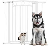 PawHut Cancelletto per Cani da Interno, Cancelletto di Sicurezza con 2 Estensioni 76-104 cm e Porta per Gatti, Cancello per Cani Animali Domestici Alto 106 cm per Corridoio e Scale, Bianco