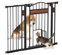 PawHut Cancelletto per Cani di Taglia Media e Piccola con Chiusura Automatica, Cancello per Cani in Acciaio, Legno di Pino e Plastica, 74-105x76.2 cm, Nero