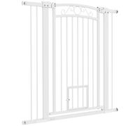 PawHut Cancelletto di Sicurezza per Cani da Interno, Cancelletto per Cani con 2 Estensioni 76-104 cm e Porta per Gatti, Cancello per Cani Animali Domestici Alto 106 cm, per Corridoio e Scale, Bianco