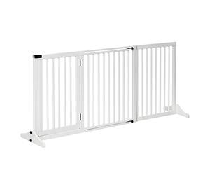 PawHut Cancellino per Cani Taglia Medio-Piccola Regolabile a 3 Pannelli, Cancelletto di Sicurezza con 2 Piedini e Serratura, in Legno di Pino, 113-166x36x71 cm, Bianco