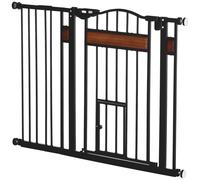 PawHut Cancelletto per Cani di Taglia Media e Piccola con Chiusura Automatica, Cancello per Cani in Acciaio, Legno di Pino e Plastica, 74-105x76.2 cm, Nero