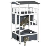 PawHut Casa per Gatti in Legno, Katzenhütte per Esterni con Terrazza, Tane per Gatti, 4 Piani, Villa per Gatti con Scala, Tetto in Asfalto, Resistente alle Intemperie, Casa per Piccoli Animali, Grigio