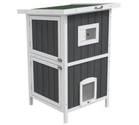 PawHut Casetta per Gatti da Esterno a 2 Livelli in Legno con 4 Porte Grigio