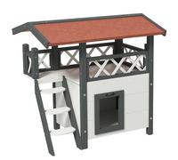 PawHut Casetta per Gatti da Esterno con Terrazza e Scaletta in Legno, 77x50x73cm, Bianco e Grigio Aosom