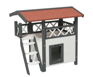 PawHut Casetta per Gatti da Esterno con Terrazza e Scaletta in Legno, 77x50x73cm, Bianco e Grigio Aosom