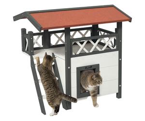 PawHut Casetta per Gatti da Esterno con Terrazza e Scaletta in Legno Bianco