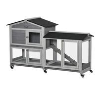 PawHut Conigliera a 2 Livelli con Rete Protettiva e Rotelle in Legno e Metallo, 157.4x53x99.5 cm, Grigio