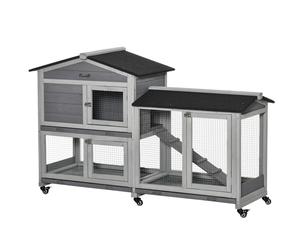 PawHut Conigliera a 2 Livelli con Rete Protettiva e Rotelle in Legno e Metallo, 157.4x53x99.5 cm, Grigio