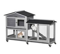 PawHut Conigliera a 2 Livelli in Legno e Rete Protettiva 157.4x53x99.5cm Grigio
