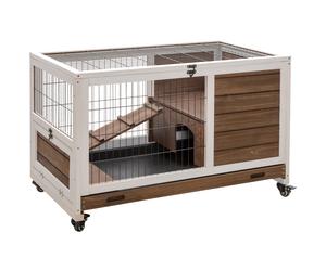 PawHut Conigliera in Legno con 4 Ruote, Casetta per Conigli e Rampa, 90x53x59cm, Marrone