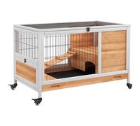 PawHut Conigliera in Legno con 4 Ruote, Casetta per Conigli e Rampa Grigio