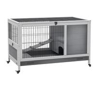 PawHut Conigliera in Legno con 4 Ruote, Casetta per Conigli e Rampa Grigio