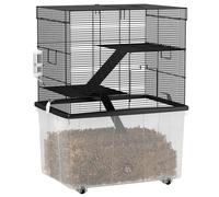 PawHut Gabbia per Criceti 3 Piani con Ruote, 2 Piattaforme, Rampe, Ciotola e Bottiglia, 58x43x74 cm, Nero