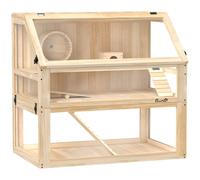 PawHut Gabbia per criceti a 3 livelli con fondo removibile e altalena, altalena, rampe e cuccia, 80x50x76cm, Legno naturale Aosom Italy