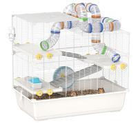 PawHut Gabbia per Criceti a 4 Livelli con Tubi, Ruota, 3 Porte e Vassoio, in Metallo, PP e PS, 78x45x73 cm, Bianco
