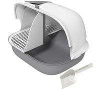 PawHut Lettiera Coperta con Gattaiola e Paletta in PP Grigio e Bianco