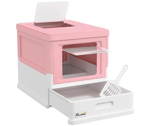 PawHut Lettiera per Gatti Chiusa in PP a 2 Porte con Paletta e Vassoio Estraibile, 47.5x35.5x36.7 cm, Rosa e Bianco