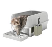 PawHut Lettiera per Gatti con Gradino, Paletta e Box Portaoggetti, in Acciaio Inox e ABS, 60.2x40.6x29 cm, Grigio Chiaro