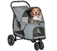 PawHut Passeggino per cani, 3 ruote, doppio ingresso, Grigio | Piega rapida con un clic, Finestre a rete, Cuscino lavabile, Buggy da viaggio per cani e gatti piccoli e medi