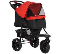 Pawhut - Passeggino pieghevole a 3 ruote per animali domestici, con tettoia regolabile, con maniglia in rete per il freno e il finestrino, colore: rosso e nero
