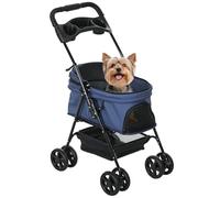 PawHut Passeggino pieghevole per cani di piccola taglia con ruote universali Cestino portaoggetti Cinghie di sicurezza e finestre 67x45x96 cm Blu scuro