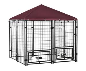 PawHut Recinto per Cani da Esterno,Box per Cani in Acciaio con Serratura, 2 Ciotole Girevoli e Copertura in Tessuto Oxford,141L x 141P x 153Acm Aosom