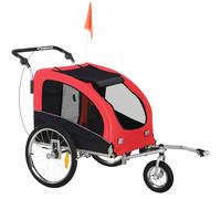 PawHut Rimorchio Bici per Cani Taglia Media a 2 Ingressi con Finestrelle e Tettuccio Apribile, 126-155x83x108 cm, Rosso