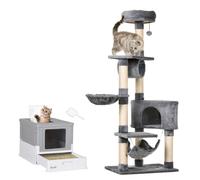 PawHut Set 2 Pezzi con Tiragraffi a Colonna e Lettiera Chiusa Bianco e Grigio