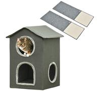 PawHut Set Casetta per Gatti a 2 Livelli e 2 Tappetini Tiragraffi Grigio