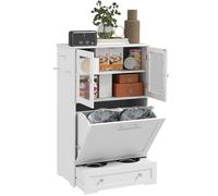 PawHut Stazione di alimentazione per cani con 2 armadietti, armadietto per cibo per cani con 2 ciotole rialzate, ganci laterali, kit anti-ribaltamento per acqua e alimentazione, bianco