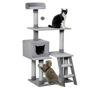 PawHut Tiragraffi Palestra per Gatti Multilivello con Casetta Scala Piattaforme, Pali in Corda di Juta, Grigio, 60.5x40x124cm Aosom