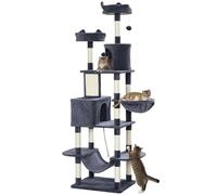 PawHut Tiragraffi per gatti 206 cm torre giochi con pali e tiragraffi 4 piattaforme, 2 nicchie, 1 amaca, 2 palline e corda, in peluche, multilivello ideale per 1-3 gatti grigio scuro