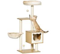 PawHut Tiragraffi per Gatti con 2 Pali, Casetta, Amaca, Lettino e 2 Palline, in Legno, Pile e Sisal, 48x40x126 cm Aosom Italy