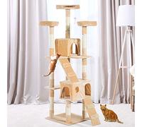 PawHut Tiragraffi per Gatti con 3 Posatoi, 2 Casette e Giochi Appesi, Albero Torre per Gattini di Taglia Piccola in Legno e Peluche, 49x49x173 cm, Crema