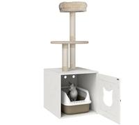 PawHut Tiragraffi per Gatti con casa di Servizi igienici, Torre di Gioco 2 in 1, Cuccia per Gatti da 129 cm con coprilettiera, Pali da graffiare, Piattaforma, Letto, Crema