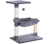 PawHut Tiragraffi per Gatti Multilivello con Amaca e Pallina, Legno e Peluche, 50x36x70cm, Grigio Aosom
