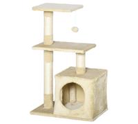 PawHut Albero Tiragraffi per Gatti con Cuccia, Pallina e Pali in Corda Sisal, in Peluche Beige, 49x30x81.5cm