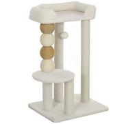 PawHut Torre per Gatti con Lettino, Piattaforma e Pallina Giocattolo, in Legno, Peluche e Iuta, 48.5x40x76 cm, Beige