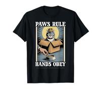 Paws Rule Hands Obey Cat in Box - Ciotola per Cibo Divertente a Forma di Gatto Maglietta